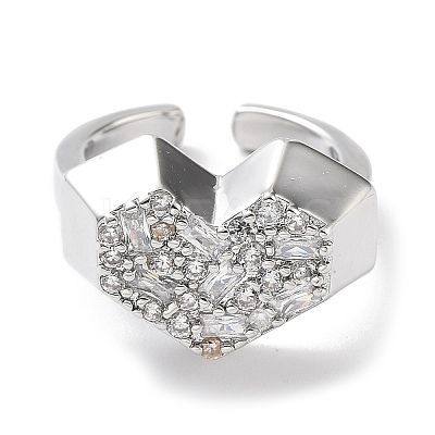 Heart Rack Plating Brass Micro Pave Clear Cubic Zirconia Open Rings RJEW-D020-09P-1