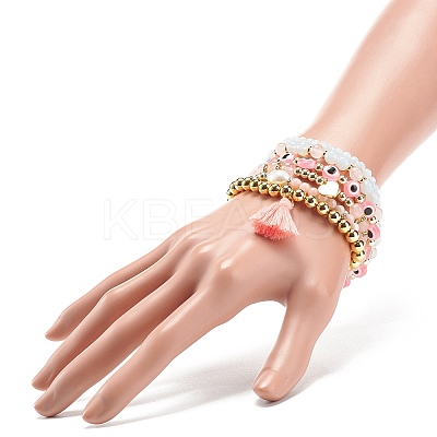 6Pcs 6 Style Natural & Synthetic Mixed Gemstone & Pearl & Resin Evil Eye Stretch Bracelets Set BJEW-JB08885-1