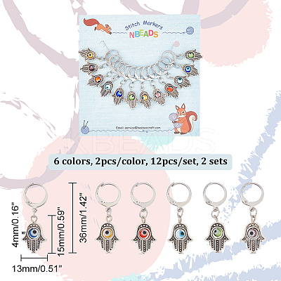 Alloy Hamsa Hand Pendant Locking Stitch Markers with Handmade Evil Eye Lampwork HJEW-PH01888-1