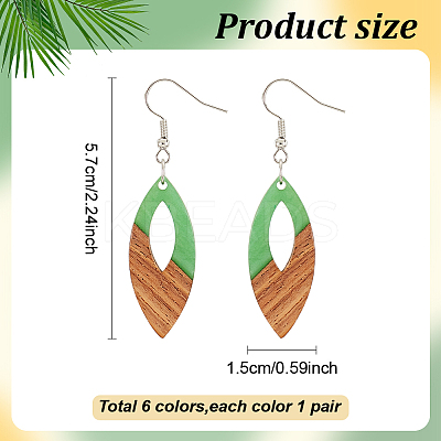6 Pair 6 Color Resin & Wood Dangle Earrings with Iron Pins EJEW-AB00031-1