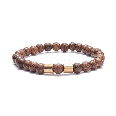 Natural Wenge Wood Round Beaded Stretch Bracelet with Synthetic Hematite for Men Women BJEW-JB07549-03-1