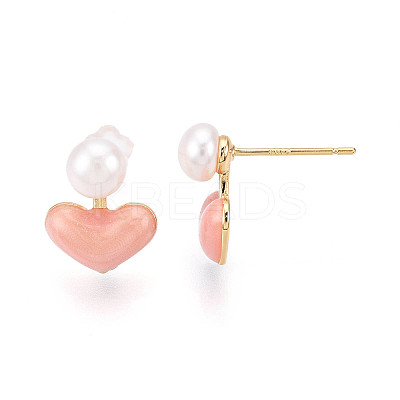 Heart Brass Natural Pearl Stud Earrings PEAR-N020-06Y-1