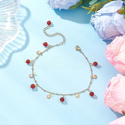 Dyed Natural Banded Agate Round & 304 Stainless Steel Shell Shape Tassel Anklets for Women AJEW-AN00702-02-1