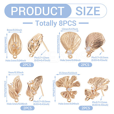 8Pcs 4 Styles Brass with Clear Cubic Zirconia Stud Earring Findings KK-TA0002-61-1