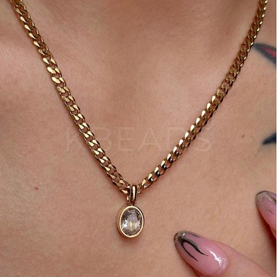 Oval Stainless Steel Clear Cubic Zirconia Pendant Necklaces & Curb Chain Bracelets Sets FS-WG5D0A2-01-1