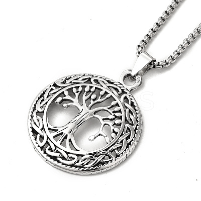 Alloy Tree of Life Pandant Necklace with Stainless Steel Box Chains NJEW-K245-007-1