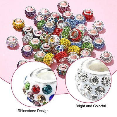 100Pcs 10 Colors Polymer Clay Rhinestone European Large Hole Beads with Silver Color Plated Brass Cores FIND-YW0004-88-1