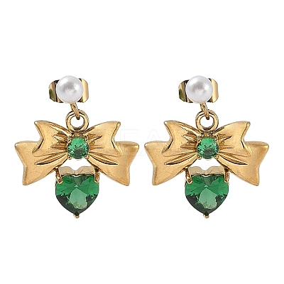304 Stainless Steel Micro Pave Cubic Zirconia Bowknot Dangle Stud Earrings EJEW-U065-03G-02-1