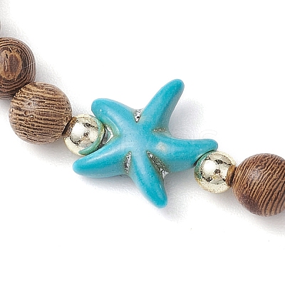 Summer Beach Starfish Dyed Synthetic Turquoise & 6mm Round Wenge Wood Beaded Stretch Bracelets for Women BJEW-JB10514-01-1