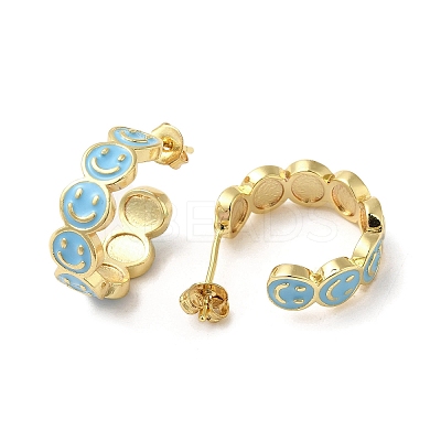 Smiling Face Real 18K Gold Plated Brass Stud Earrings EJEW-L268-016G-01-1