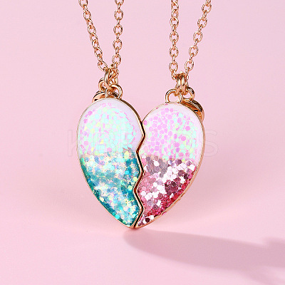 2Pcs Fashionable Alloy Resin BFF Glitter Heart Magnetic Pendant Necklaces for Women FS-WGCB8A0-01-1