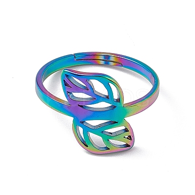 Ion Plating(IP) 201 Stainless Steel Hollow Out Leaf Adjustable Ring for Women RJEW-C045-05M-1