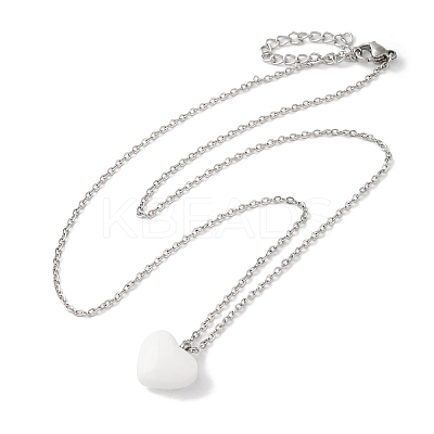 304 Stainless Steel Cable Chain White Heart Glass Pendant Necklaces NJEW-Z041-01P-1