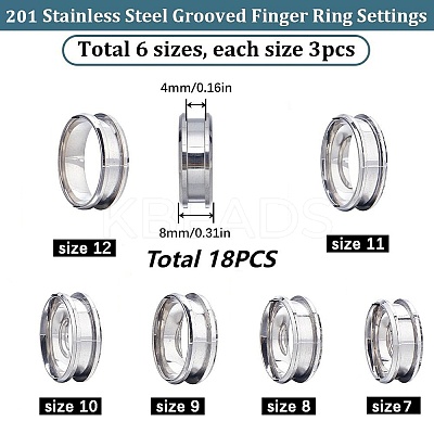 18Pcs 6 Size 201 Stainless Steel Grooved Finger Ring Settings RJEW-SC0001-05P-1