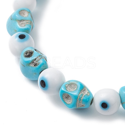Halloween Dyed Synthetic Turquoise Skull & Lampwork Evil Eye Round Beaded Stretch Bracelets for Women Men BJEW-JB12268-02-1
