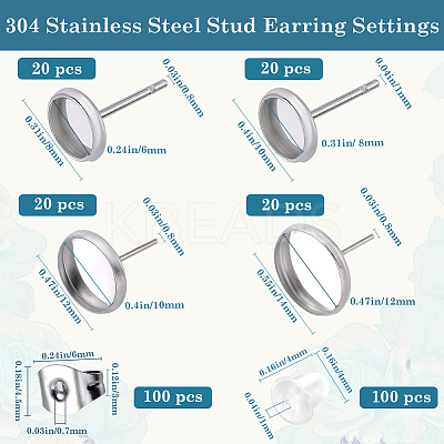 80Pcs 4 Style Flat Round 304 Stainless Steel Earring Settings STAS-SP0001-60-1