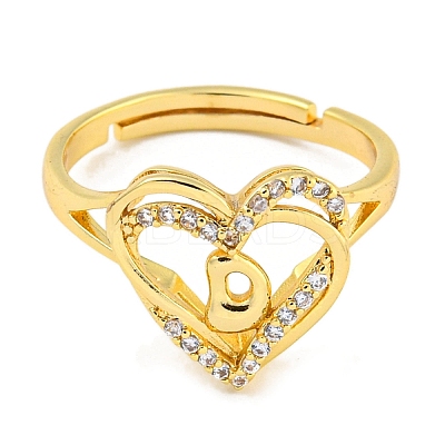 Heart with Letter Rack Plating Brass Micro Pave Clear Cubic Zirconia Adjustable Rings for Women RJEW-I105-01G-D-1