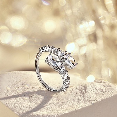 Rhodium Plated 925 Sterling Silver Snake Open Cuff Rings with Cubic Zirconia RJEW-F150-76P-1