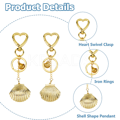 2Pcs Brass Shell Shape Pendant Keychains HJEW-HS00090-1