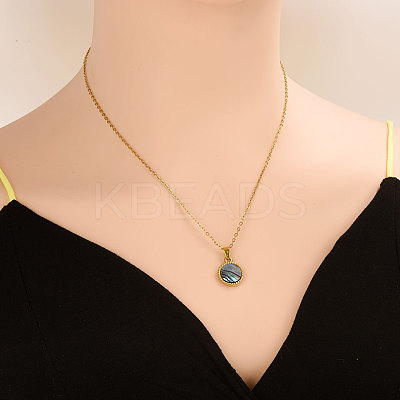 Stylish 304 Stainless Steel Pave Natural Paua Shell Flat Round Pendant Necklaces Simple Design Jewelry DP7329-3-1