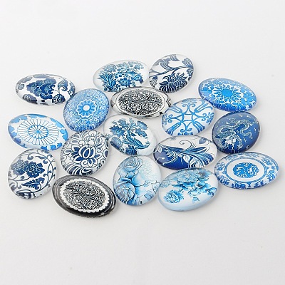 Blue and White Floral Theme Ornaments Glass Oval Flatback Cabochons GGLA-A003-18x25-YY-1