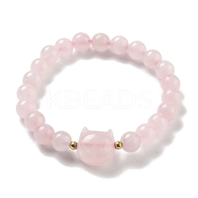 Round & Cat Head Natural Rose Quartz Beaded Stretch Bracelets for Women BJEW-K251-03C-1