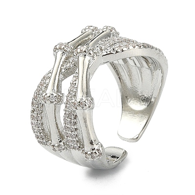 Clear Cubic Zirconia Bamboo Joint Open Cuff Ring RJEW-F144-02P-1
