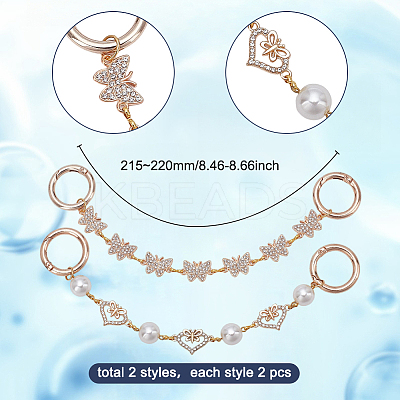 4Pcs 2 Styles Butterfly Heart Alloy Crystal Rhinestone & ABS Imitation Pearl Shoe Chain Decorations HJEW-AR00020-1