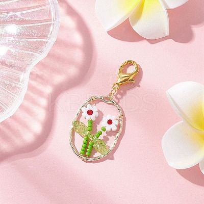 6Pcs Oval with Flower Glass Seed Bead & Lampwork & Alloy Pendant Decoraitons HJEW-MZ00351-1