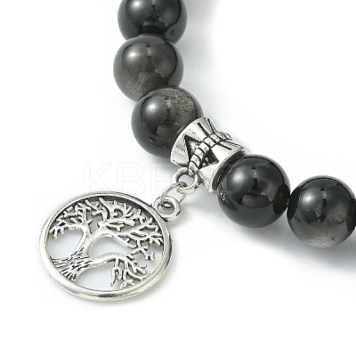 Natural Lava Rock & Silver Obsidian Beaded Stretch Bracelet with Alloy Charms BJEW-JB09453-1