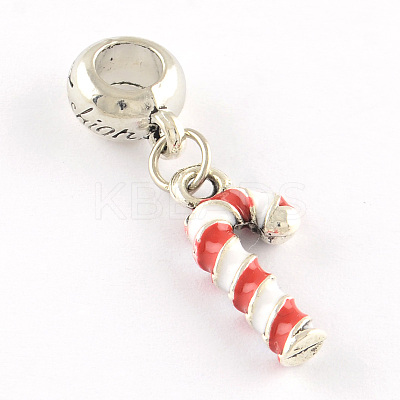 Antique Silver Plated Christmas Candy Cane Alloy Enamel European Dangle Charms X-ENAM-Q421-22-1
