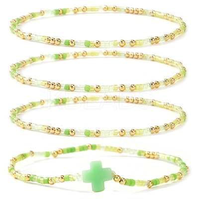 4Pcs Bohemian Summer Cross & Glass Seed Bead Beaded Stretch Bracelet Sets BE5944-1-1