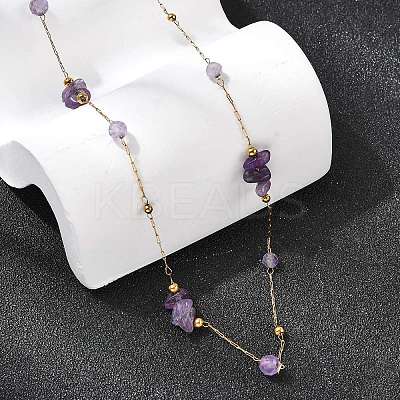 Natural Amethyst Chip 304 Stainless Steel Link Chain Necklaces for Women NJEW-K255-59G-1