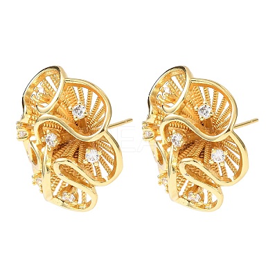 Flower Brass Micro Pave Clear Cubic Zirconia Stud Earrings EJEW-D346-01G-1