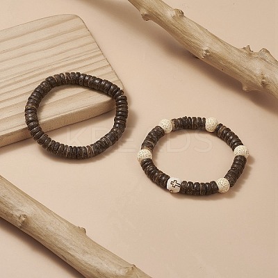 2Pcs 2 Style Cross Natural Wood & Coconut Beaded Stretch Bracelets Set for Women BJEW-JB09317-1