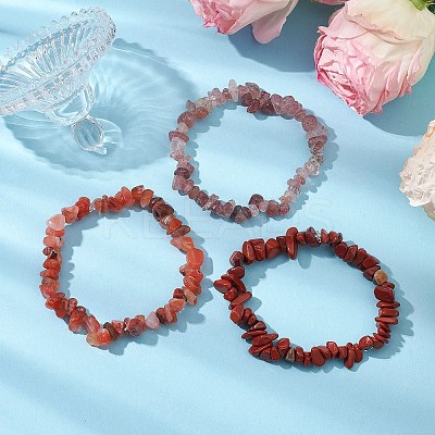 3Pcs Natural Rhodonite & Natural Red Jasper & Natural Strawberry Quartz Chip Beaded Stretch Bracelet Sets BJEW-JB10866-1