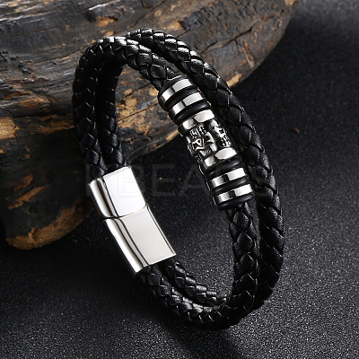 Stainless Steel Skull Beaded Leather Double Layer Multi-strand Bracelet SKUL-PW0004-26B-01-1