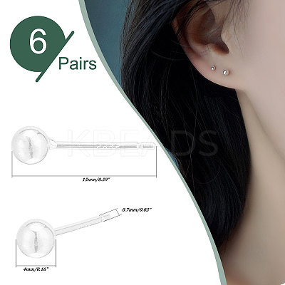 6 Pairs Sterling Silver Round Ball Stud Earrings for Men Women EJEW-PH0001-20-1
