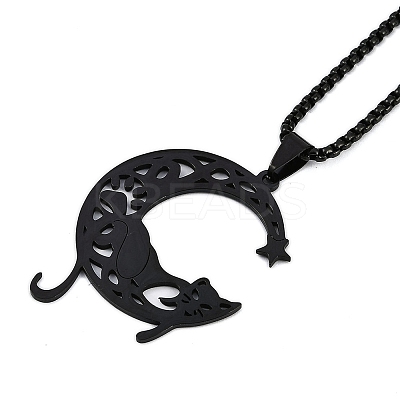 201 Stainless Steel Hollow Moon Cat Shaped Pendant Box Chain Necklaces NJEW-M010-06-1