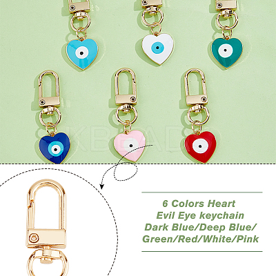 6Pcs 6 Colors Heart with Evil Eye Alloy Enamel Pendant Decoration KEYC-DC0001-27-1