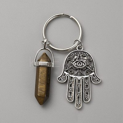 Bullet Natural Wood Lace Stone Pendant Keychain with Hamsa Hand/Hand of Miriam with Eye Charm KEYC-WH0029-79C-1