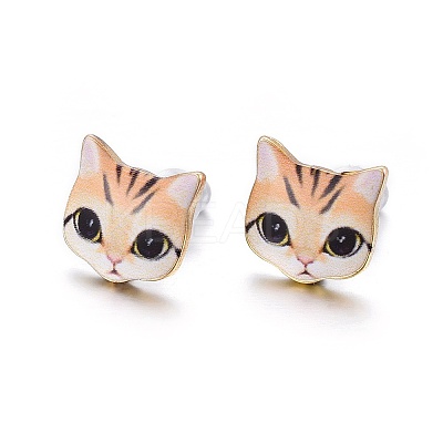 Real 14K Gold Plated Alloy Kitten Stud Earrings EJEW-G148-01G-09-1