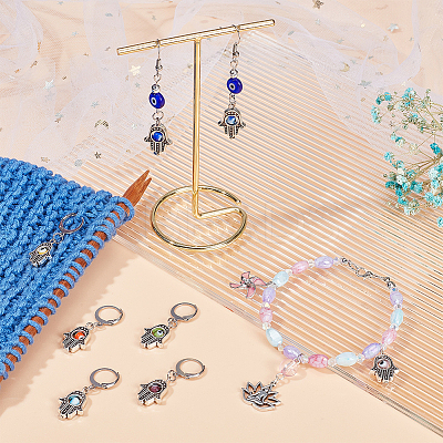 Alloy Hamsa Hand Pendant Locking Stitch Markers with Handmade Evil Eye Lampwork HJEW-PH01888-1