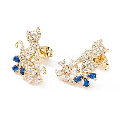 Cat and Flower Cubic Zirconia Stud Earrings EJEW-I263-02G-1