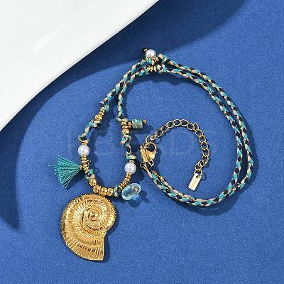 304 Stainless Steel Shell Shape Pendant Cotton Cord Necklaces NJEW-C093-05B-G-1