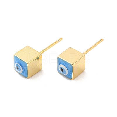 Long-Lasting Plated Cube with Enamel Evil Eye Stud Earring EJEW-E272-01G-01-1