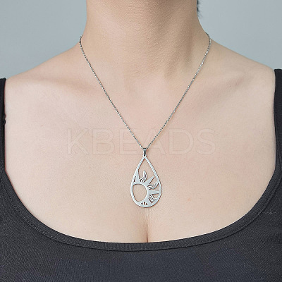Non-Tarnish 201 Stainless Steel Hollow Teardrop with Sun Pendant Necklace NJEW-OY002-27-1