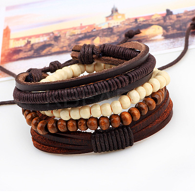 Adjustable Braided Leather Cord Wooden Beaded Multi-strand Bracelets BJEW-P0001-15-1