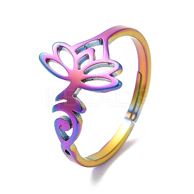 Ion Plating(IP) 304 Stainless Steel Hollow Lotus Adjustable Ring for Women RJEW-M149-32RC-1