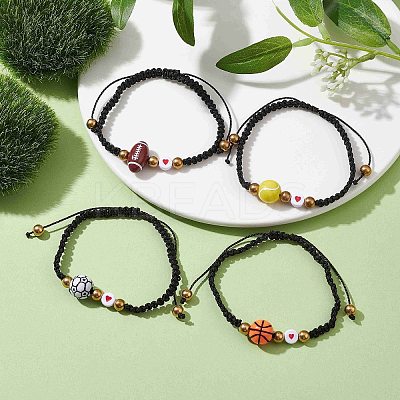 4Pcs 4 Style Sport Theme Acylic & Alloy Braided Bead Bracelets Set BJEW-JB10122-1